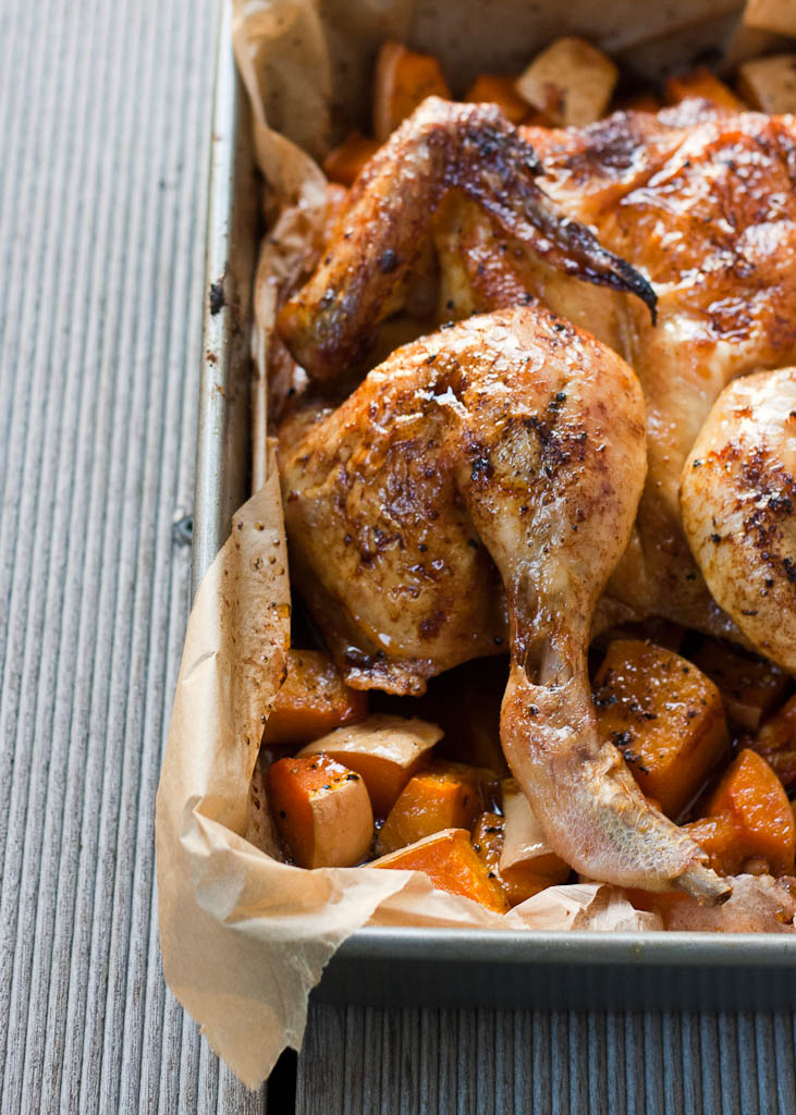 Easy roasted chicken with butternut squash, butter beans and tomatoes